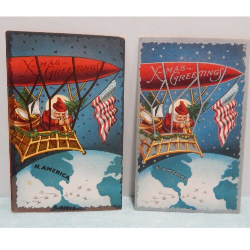 Two Antique Christmas Postcards Santa Claus American Flag Unposted Divided